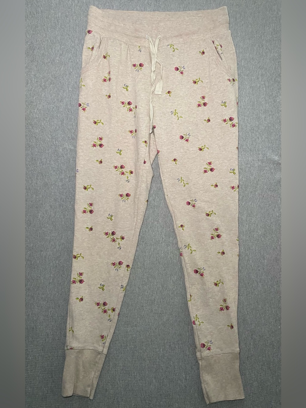 Aerie Floral Jogger Pants Womens Small Beige Pink Rose Cozy Lounge Sleep Pajama